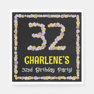32nd Birthday: Floral Flowers Number, Custom Name Napkin
