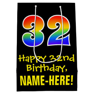 32nd Birthday: Fun, Bold, Colourful, Rainbow "32" Medium Gift Bag