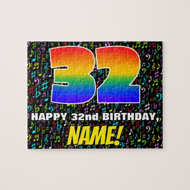 32nd Birthday — Fun, Colourful Music Symbols & “32 Jigsaw Puzzle (Horizontal)