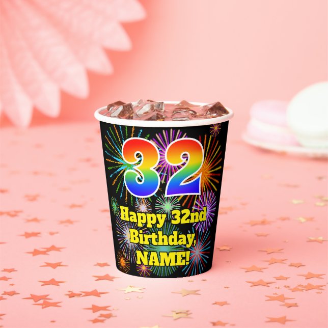 32nd Birthday: Fun Fireworks Pattern + Rainbow 32 Paper Cups (Insitu)