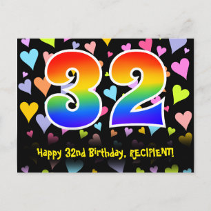 32nd Birthday: Fun Hearts Pattern, Rainbow 32 Postcard