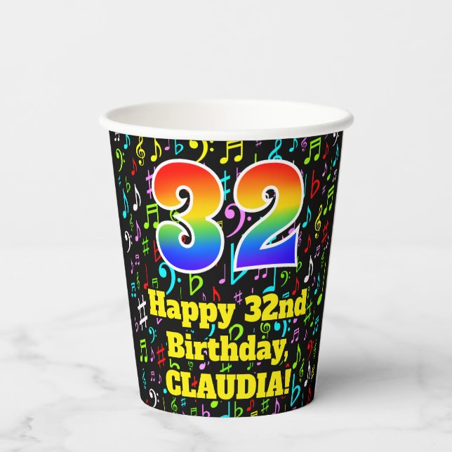 32nd Birthday: Fun Music Notes Pattern, Rainbow 32 Paper Cups (Back)