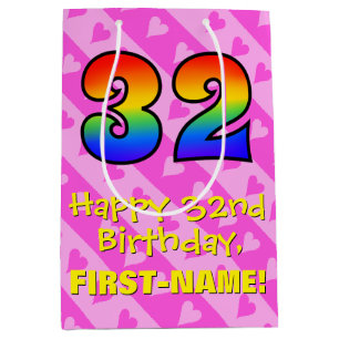 32nd Birthday: Fun Pink Hearts Stripes; Rainbow 32 Medium Gift Bag