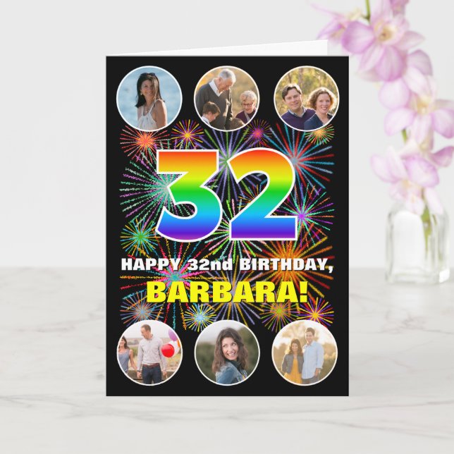 32nd Birthday: Fun Rainbow #, Custom Name & Photos Card (Orchid)