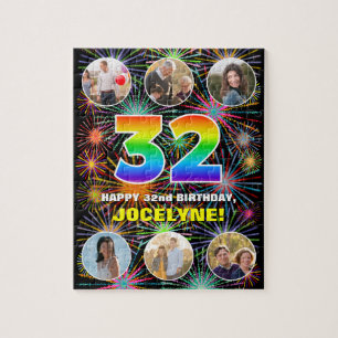 32nd Birthday: Fun Rainbow #, Custom Name + Photos Jigsaw Puzzle