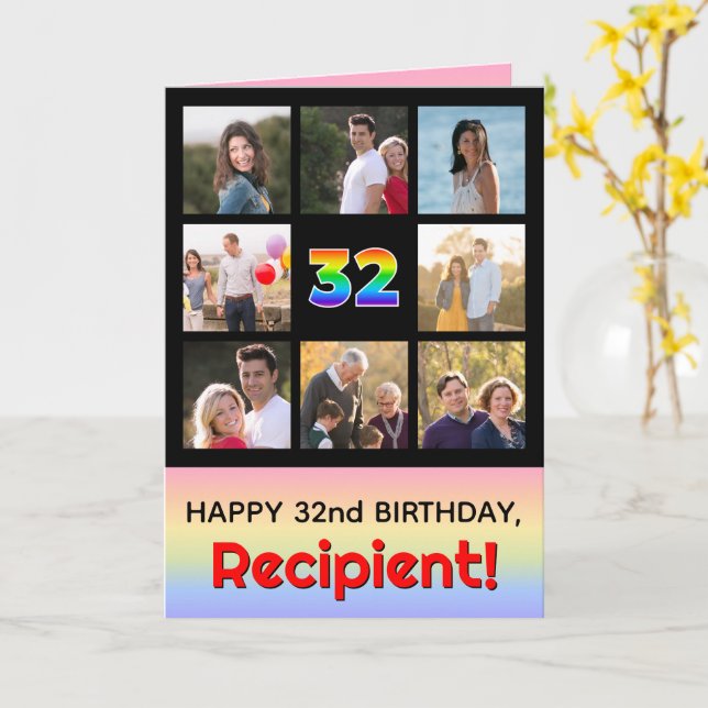 32nd Birthday: Fun Rainbow #, Custom Photos + Name Card (Yellow Flower)