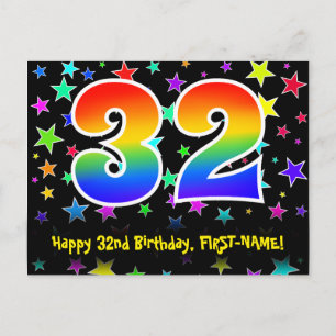 32nd Birthday: Fun Stars Pattern, Rainbow 32, Name Postcard