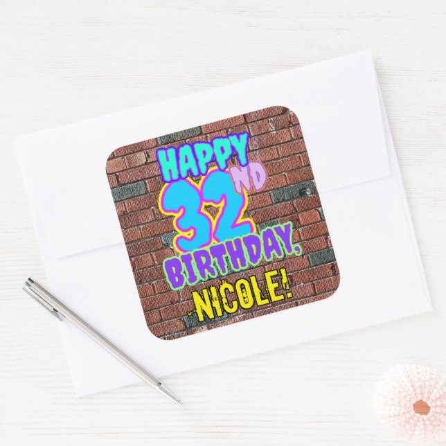 32nd Birthday – Fun, Urban Graffiti Inspired Look Square Sticker (Envelope)