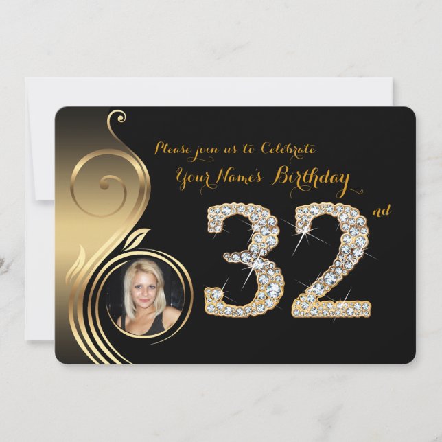 32nd,Birthday Invitation,Number Diamond,Photo 2 Invitation (Front)