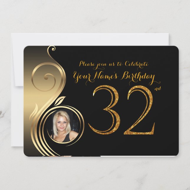 32nd,Birthday Invitation,Number Glitter Gold,Photo Invitation (Front)