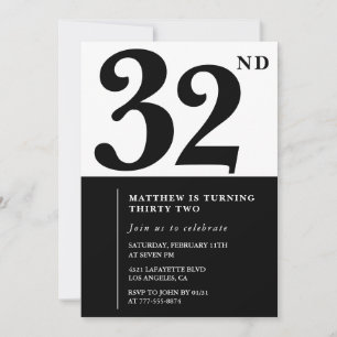 32nd birthday invitations Black and White Elegant
