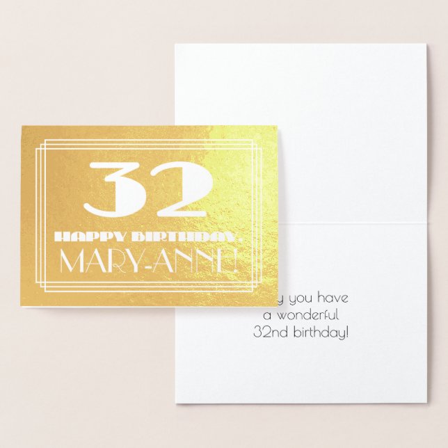 32nd Birthday: Name + Art Deco Inspired Look "32" Foil Card (Display)