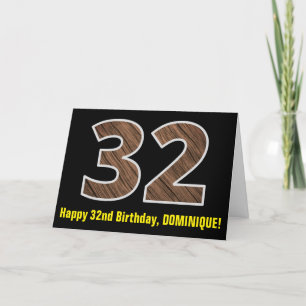 32nd Birthday: Name + Faux Wood Grain Pattern "32" Card