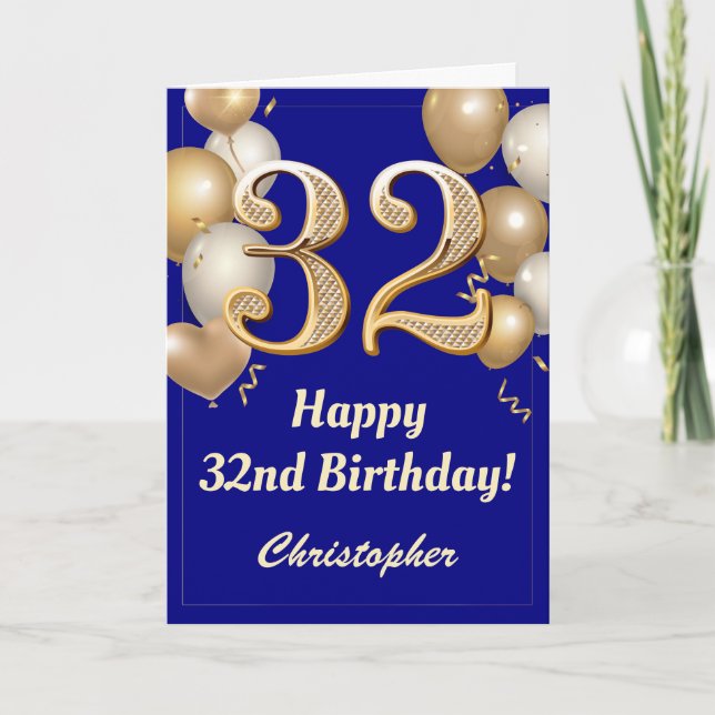 32nd Birthday Navy Blue and Gold Balloons Confetti Card (Front)
