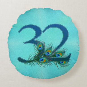 32nd Birthday Or Anniversary Peacock Feather Round Pillow