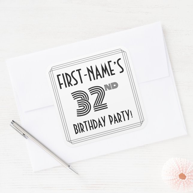 32nd Birthday Party: Art Deco Style + Custom Name Square Sticker (Envelope)