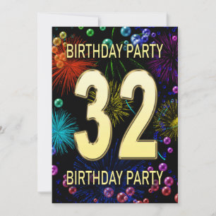 32nd Birthday Party Invitation Fireworks Bubbles