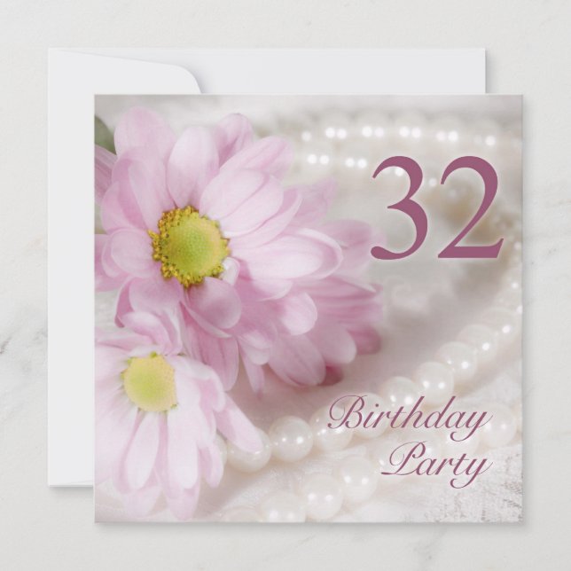 32nd Birthday party invitation with daisies (Front)