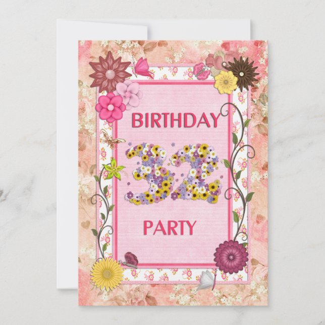 32nd birthday party invitation with floral frame (Front)