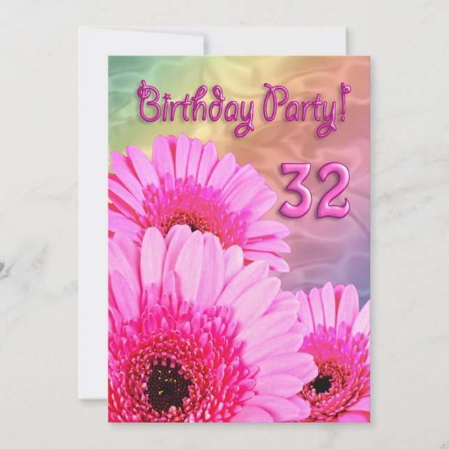 32nd Birthday party invitation with pink flowers (Front)