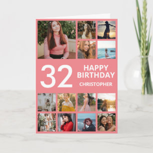 32nd Birthday Photo Collage 13 Photos Pink & White Card