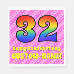 32nd Birthday: Pink Stripes & Hearts, Rainbow # 32 Napkin