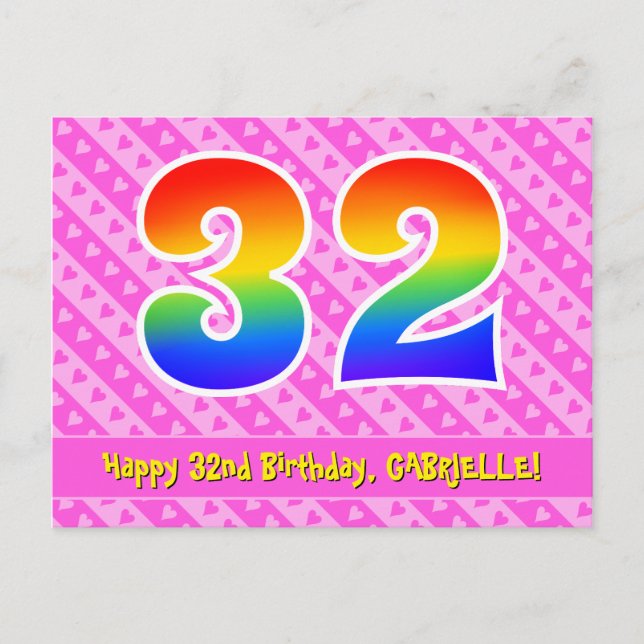 32nd Birthday: Pink Stripes & Hearts, Rainbow 32 Postcard (Front)