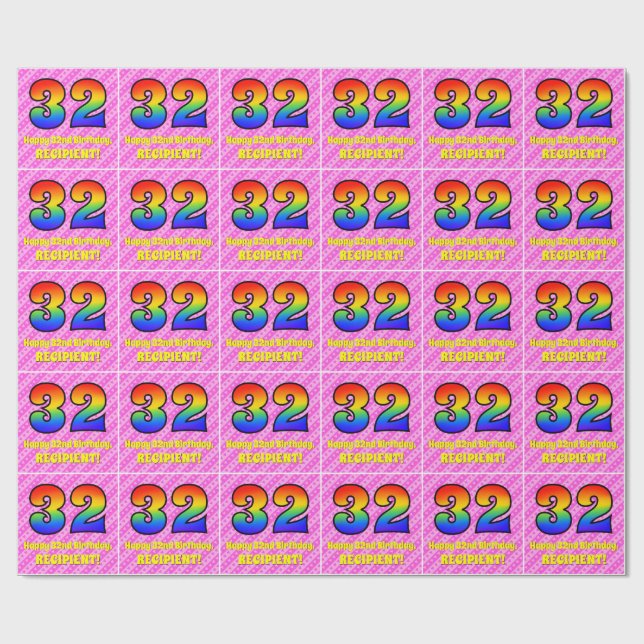 32nd Birthday: Pink Stripes & Hearts, Rainbow # 32 Wrapping Paper (Flat)