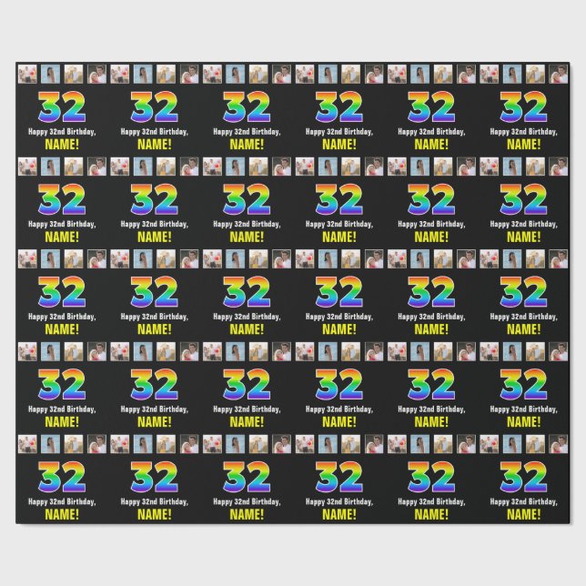 32nd Birthday: Rainbow “32“; Custom Photos & Name Wrapping Paper (Seam)