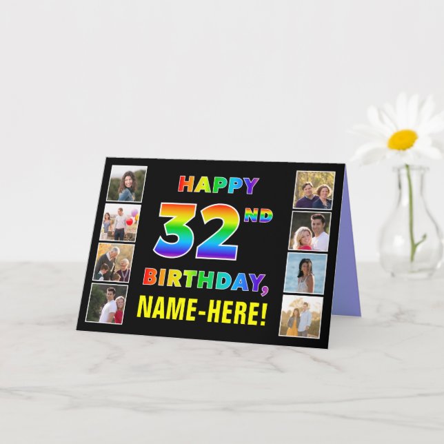 32nd Birthday: Rainbow Text, Custom Photos & Name Card (Small Plant)