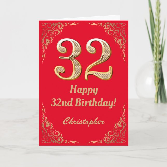 32nd Birthday Red and Gold Glitter Frame Card (Front)