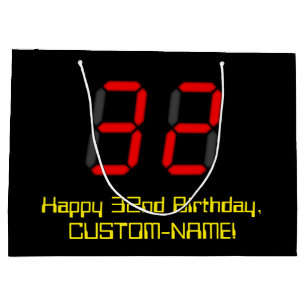 32nd Birthday: Red Digital Clock Style "32" + Name Large Gift Bag