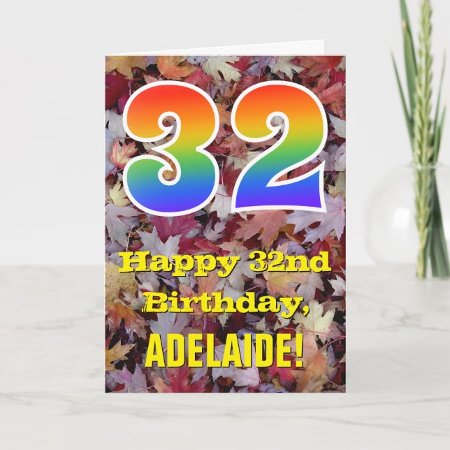32nd Birthday; Rustic Autumn Leaves; Rainbow "32" Card (Front)