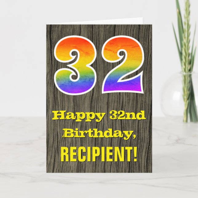 32nd Birthday: Rustic Faux Wood Look, Rainbow "32" Card (Front)