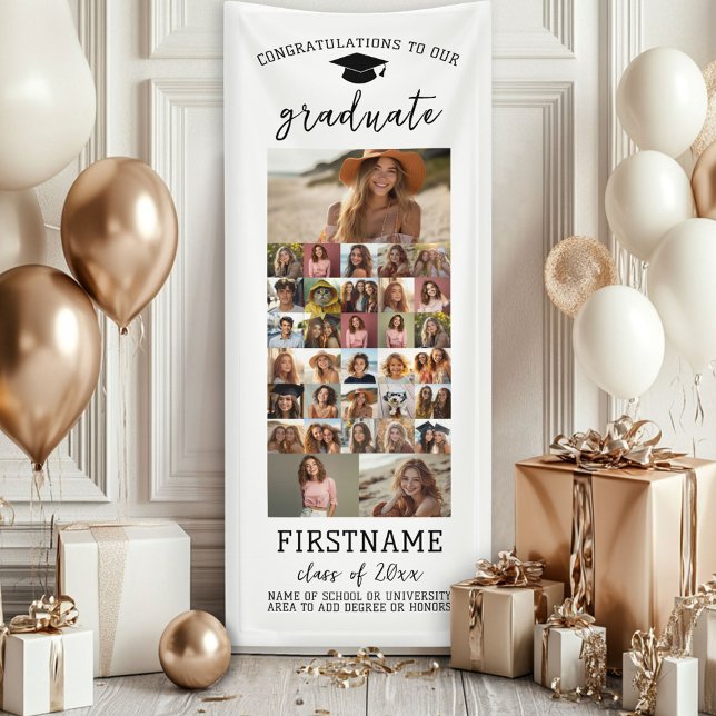 33 Photo - Graduation Modern Minimal White Banner (Custom Graduation Banner - Great for a backdrop or Grad Party Decoration)