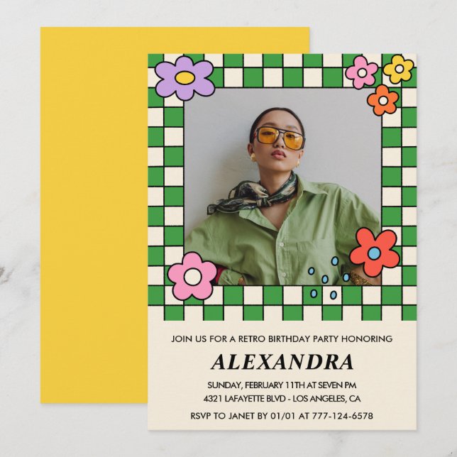 33e anniversaire Invitation Fleurs Super rétro (Devant / Derrière)