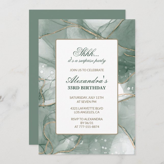 33e anniversaire Invitation Surprise party Green (Devant / Derrière)