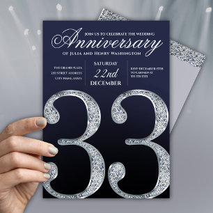 33rd Anniversary Diamond Silver Navy Blue Invitation