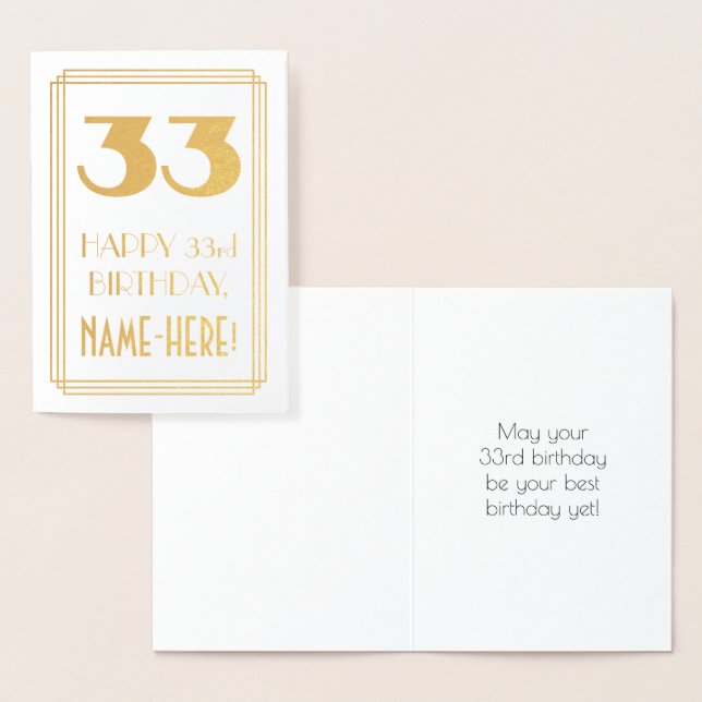 33rd Birthday: Art Deco Inspired Look "33" & Name Foil Card (Display)