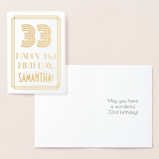 33rd Birthday - Art Deco Inspired Look "33" & Name Foil Card (Display)