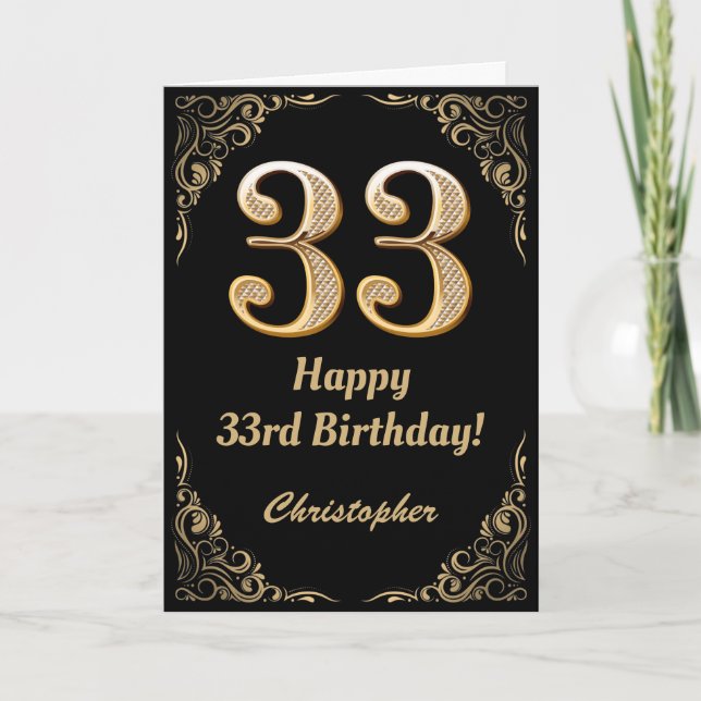 33rd Birthday Black and Gold Glitter Frame Card (Front)