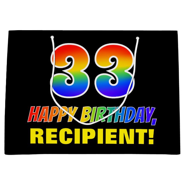 33rd Birthday: Bold, Fun, Simple, Rainbow 33 Large Gift Bag (Front)