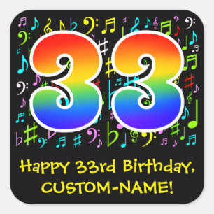 33rd Birthday: Colorful Music Symbols, Rainbow 33 Square Sticker