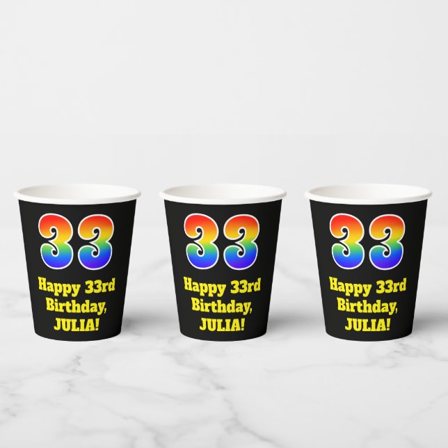 33rd Birthday: Colourful, Fun, Exciting, Rainbow 3 Paper Cups (Multi)