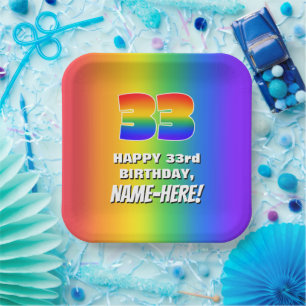 33rd Birthday: Colourful, Fun Rainbow Pattern # 33 Paper Plate
