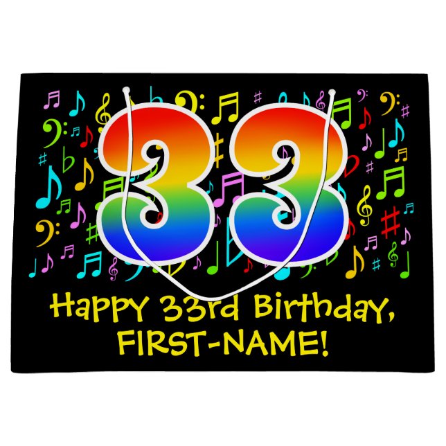 33rd Birthday - Colourful Music Symbols, Rainbow 3 Large Gift Bag (Front)