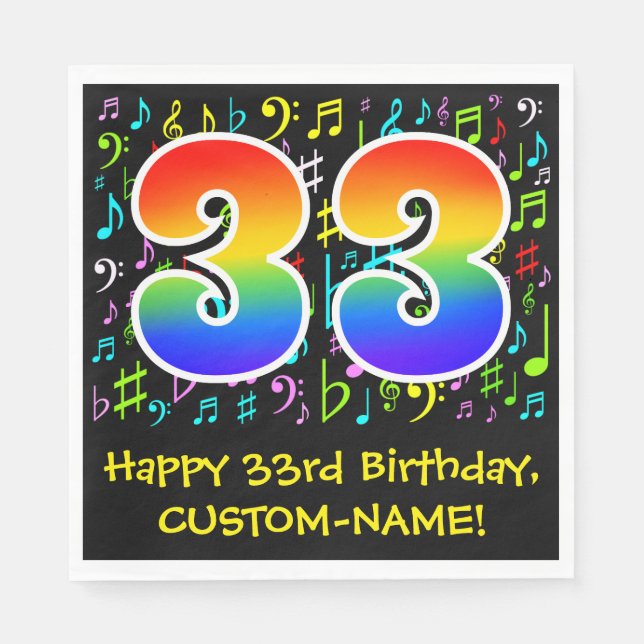 33rd Birthday - Colourful Music Symbols, Rainbow 3 Napkin (Front)
