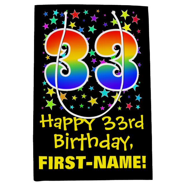33rd Birthday: Colourful Stars Pattern & Rainbow 3 Medium Gift Bag (Front)