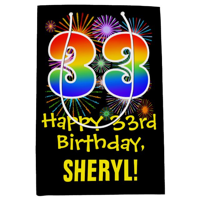33rd Birthday: Fun Fireworks Pattern + Rainbow 33 Medium Gift Bag (Front)