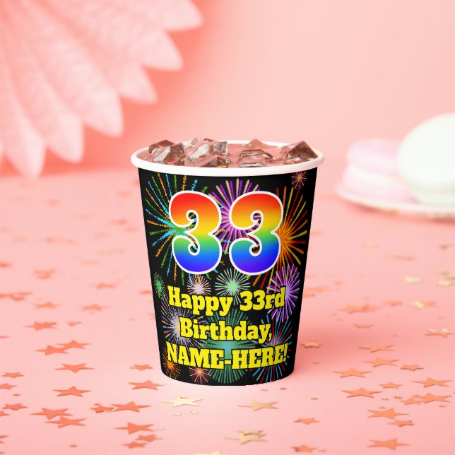 33rd Birthday: Fun Fireworks Pattern + Rainbow 33 Paper Cups (Insitu)